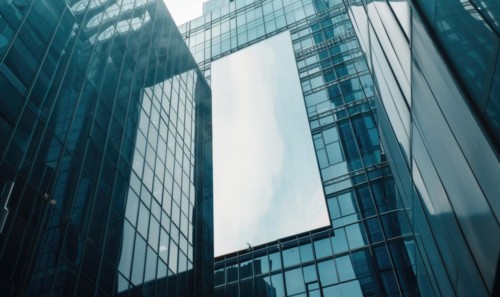 Blank screen banner mockup displayed on the modern building facade. Close Up view AI generated