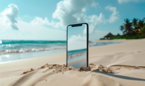 Smartphone mockup with a blank screen on a tranquil beach background, travel and tourism AI
