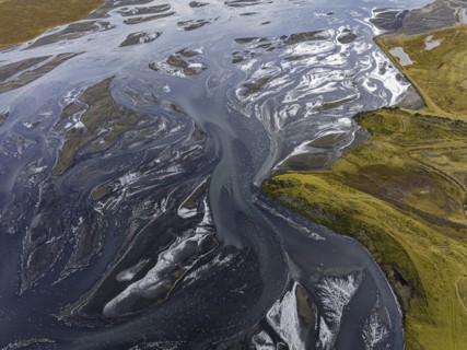 Overgrown river landscape, Eldhraun, near Kirkjubaejarklaustur, drone image, Sudurland, Iceland,