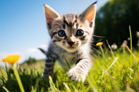 Playful Cute Kitten outdoors in Sunlit Grass. Kitten excitement and wonder as it explores the