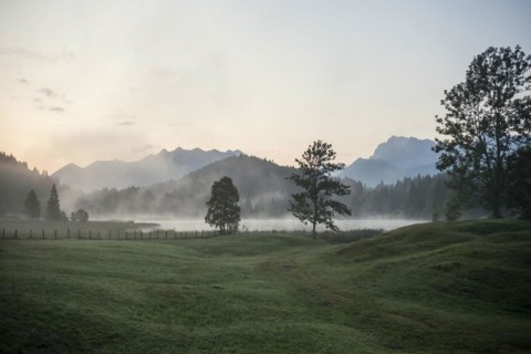 Sunrise and morning fog, Geroldsee or Wagenbruechsee, Kruen near Mittenwald, Werdenfelser Land,