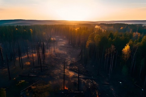 Dense forest showcasing charred trees aftermath of wildfires symbolizing climate change, AI