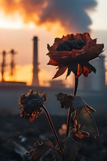 Wilted flower against a backdrop of industrial smokestacks, AI generated