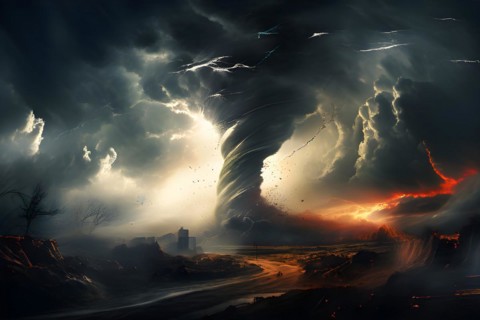 3d render abstract particles converging into a tornado to represent severe weather phenomena, AI