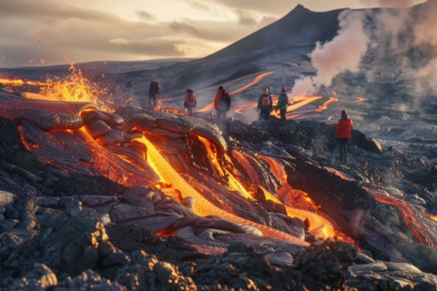 Tourists, hiking group, expedition, onlookers on the way to an active volcano, surrounded by hot,