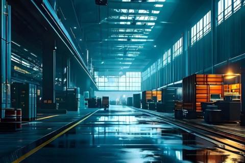Loading bay at a seaport with forklifts and workers, AI generated