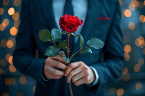 Man in elegant black suit holding romantic single red rose in front of dark studio background. KI