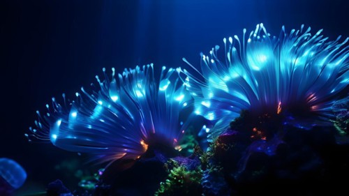 Bristle worms bioluminescent bodies floating in deep ocean, AI generated, deep sea, fish, squid,