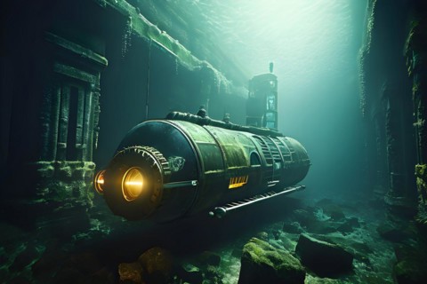 Deep sea submersible bathed in artificial light navigates through murky waters, AI generated, deep
