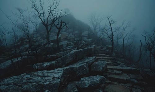 Mysterious stone path leading through a misty, bleak landscape with bare trees AI generated