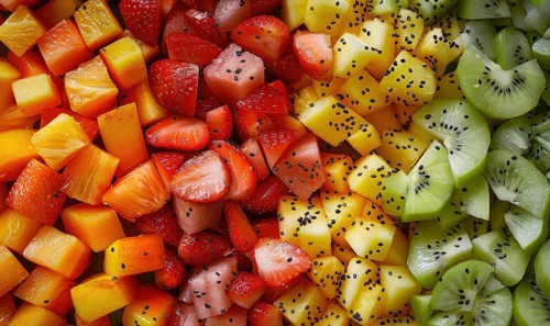Colorful close-up of neatly arranged fruit cubes including kiwi, mango, and berries AI generated