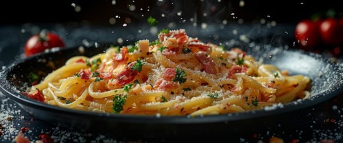 Close-up of pasta garnished with bacon, herbs, and a fine dusting of seasoning, AI generated