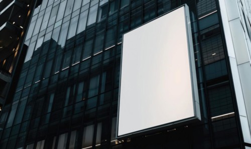 Blank screen banner mockup displayed on the modern building facade. Close Up view AI generated
