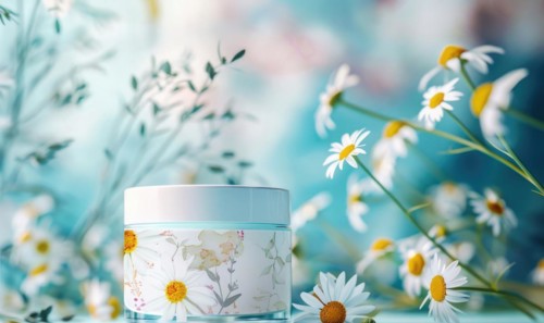 Cosmetic jar blank mockup placed on a serene watercolor chamomile background AI generated