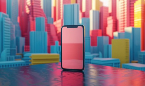 Smartphone mockup with a blank screen on a vibrant cityscape background AI generated