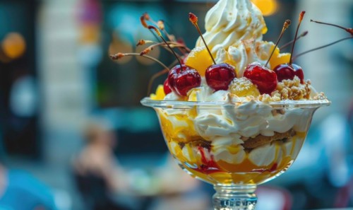 Sundae topped with cherries and whipped cream, closeup view, selective focus AI generated