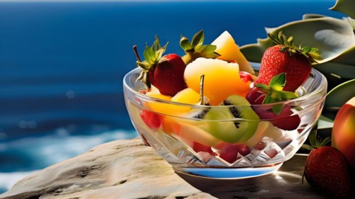 Glass bowl brimming with colorful fruit salad perched on a cliffs edge vast ocean, AI generated