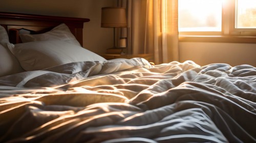Imperfectly made bed in a sunlit room with rumpled sheets, AI generated
