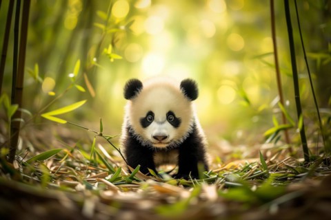 Cute panda cub in a lush bamboo grove, The image showcases the beauty and serenity of nature and