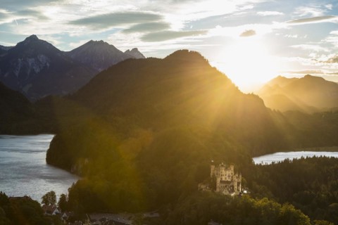 Hohenschwangau Castle, foehn storm, sunset, near Fuessen, Ostallgaeu, Allgaeu, Bavaria, Germany,