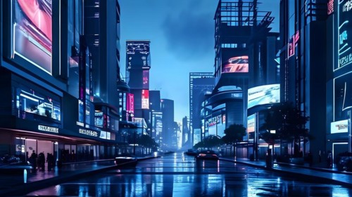 Cityscape at dusk with smart lighting systems adorn towering facades with digital billboards, AI