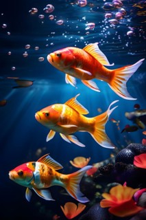 Brightly colored koi fish congregation underwater scene elegantly gliding in a peaceful atmosphere,