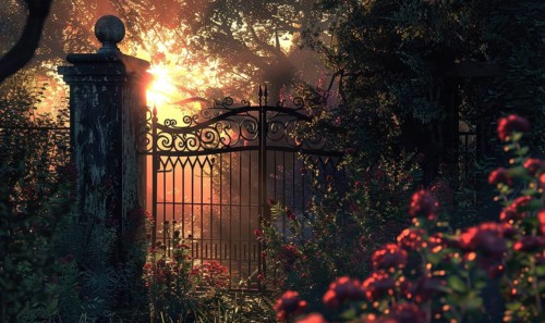 Sunlight filters through a mysterious iron gate into a calm woodland area AI generated