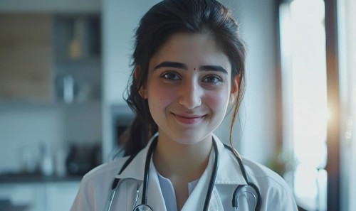 Cheerful young woman in a white coat and stethoscope, showcasing a friendly demeanor in the