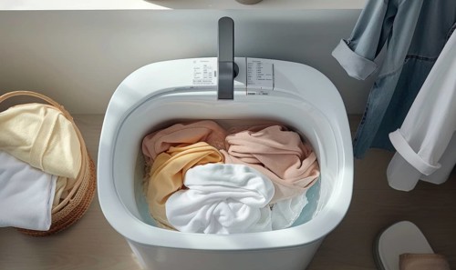 Clothes in a top-loading washing machine closeup, top view AI generated