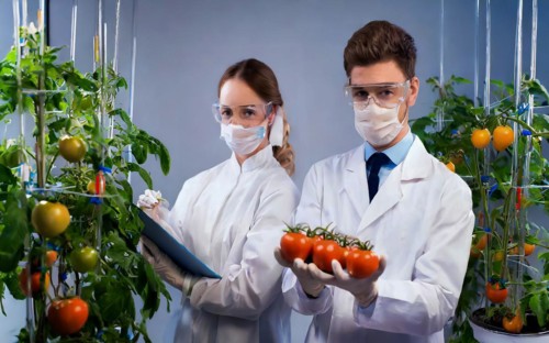 Biologists in protective suits grow vegetables in the lab, the concept of biotechnology, plant care