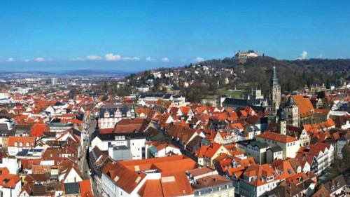 Aerial view of Coburg with a view of the historic old town centre. Dingolfing, Upper Franconia,