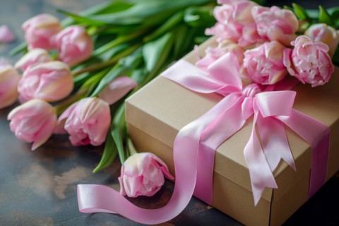 Gift Box with Pink Ribbon Beside bouquet of Fresh Tulips. Background for Valentine day, March 8,