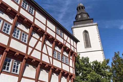 Leib'sches Haus, medieval half-timbered building as Upper Hesse Museum, Gothic bell tower of the