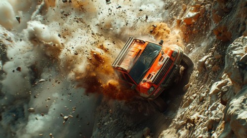 An off-road vehicle descends a rocky cliff, stirring up debris, drone aerial view, AI generated