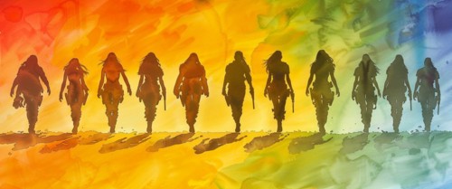 Silhouettes of women walking together in an abstract watercolor gradient of rainbow colors, banner
