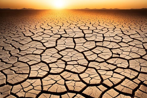 Heatwave stricken terrain displaying cracked desolated soil scorched under a blazing sun, AI