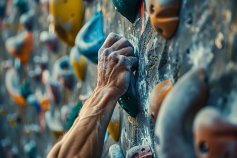 Close up of hand with chalk grabbing grip on artificial rock wall. KI generiert, generiert, AI