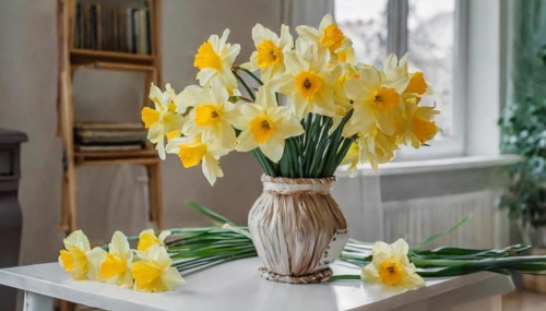 A large bouquet of yellow daffodils in a vase stands on the table in the flat, AI generated, AI