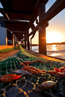 Commercial fishing net cascading onto the dock overflowing with caught shrimp fish and incidentally