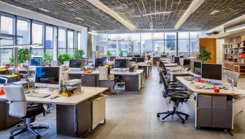 Modern office with workstations, bright light and open atmosphere, Symbol office, AI generated, AI
