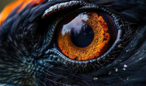 A close-up image of a bird with a striking orange eye and black feathers AI generated
