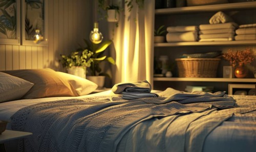 Pile of clean clothes on bed in bedroom at night, soft focus AI generated