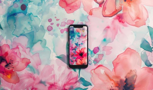 Artistic smartphone mockup against a vibrant watercolor floral seamless background AI generated