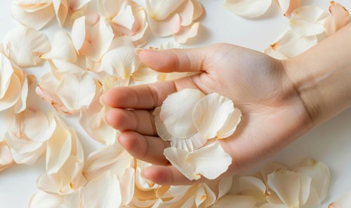 Close-up of a woman's hand with a neutral manicure, adorned with delicate flower petals AI