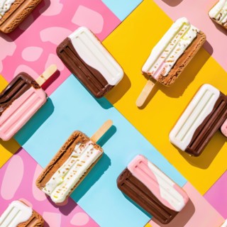 Flat lay pattern ice cream sandwiches and ice cream bars on a colorful background AI generated
