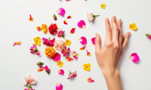 Woman's hand on white background with flower petals around AI generated