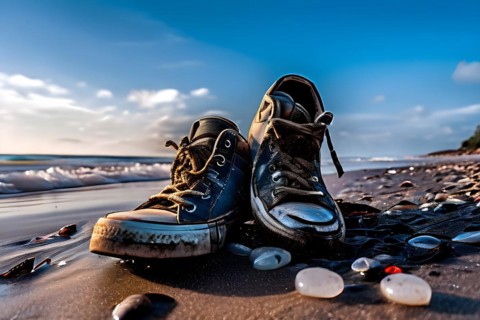 Pair of empty shoes on the shore of a beach marred by plastic waste symbolizing human influence, AI