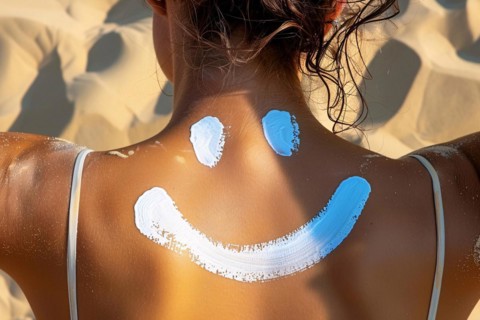 Close up of woman's tan back with drawing of smiling face made from sunscreen cream, KI generiert,