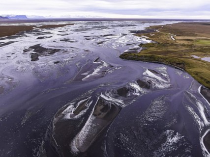 Overgrown river landscape, Eldhraun, near Kirkjubaejarklaustur, drone image, Sudurland, Iceland,