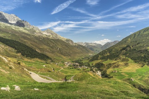 Alpine landscape at the Furka Pass, view into the Urseren Valley, Realp, Canton Uri, Switzerland,